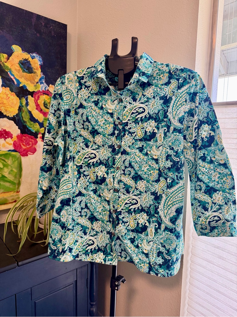 Lands’ End No Iron Supima Cotton Paisley Button Down Shirt Size 14